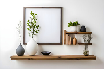 Obraz na płótnie Canvas Wood floating shelf with frames and vases on white wall. Storage organization for home. Interior design of modern living room.