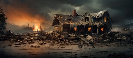 A house engulfed in flames within a devastated area, surrounded by debris under a foreboding dark sky