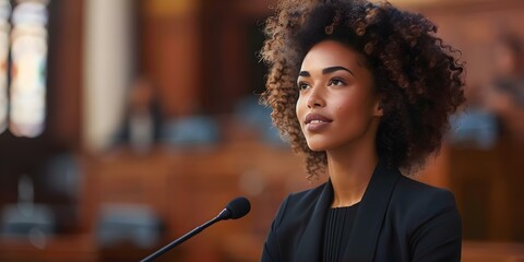 Black female lawyer presents case in court defending defendants rights before judge and jury. Concept Law, Justice, Legal System, Courtroom, Civil Rights - obrazy, fototapety, plakaty