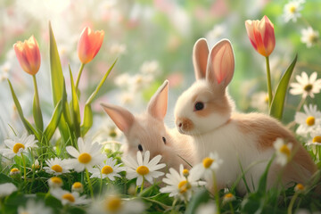 Fototapeta premium A charming scene of fluffy Easter bunnies 