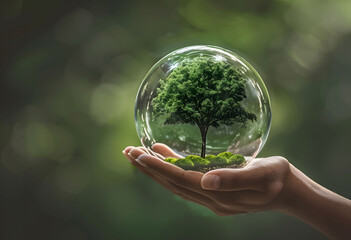 A hand holds a glass sphere containing a green tree inside, symbolizing sustainable development, eco-friendly living, and environmental protection.