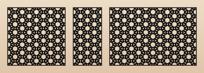 Laser cut patterns. Vector set with elegant geometric ornament, abstract floral grid, lattice. Template for CNC cut, decorative panels of wood, metal, paper, plastic, acryl. Aspect ratio 1:2, 1:1, 3:2
