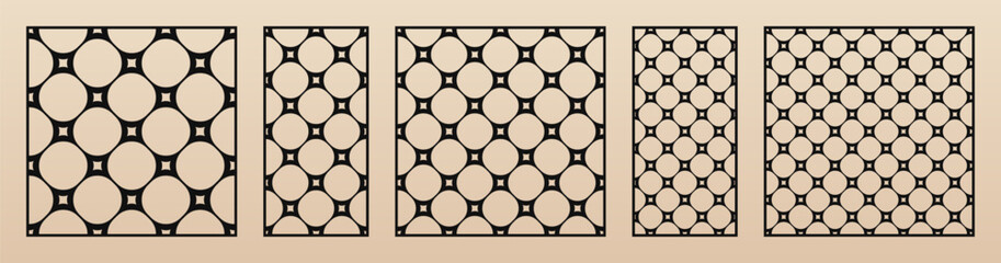 Laser cut pattern. Vector set with geometric ornament, circular grid, mesh, lattice, curved lines. Elegant template for cnc cutting, decorative panels of wood, metal, plastic. Aspect ratio 1:2, 1:1