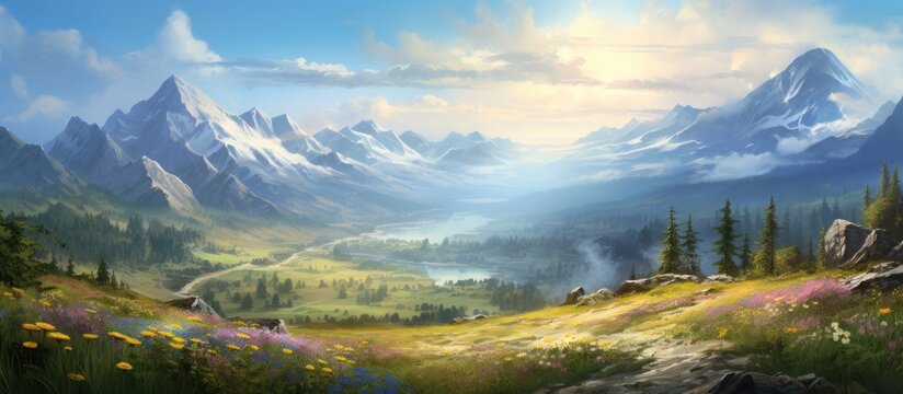 Scenic painting depicting a majestic mountain landscape with a serene valley and a tranquil lake below