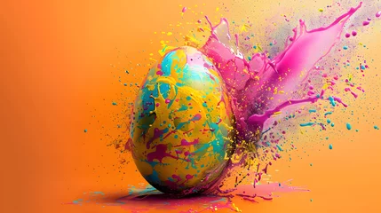 Foto auf Leinwand easter egg in a color explosion or splash on orange background © Prasanth