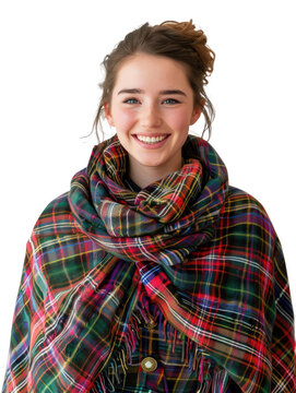 a portrait photo of beautiful smiling scottish woman in a tartan kilt, cutout, png isolated transparent background