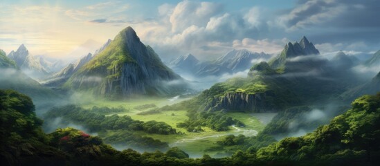 Scenic artwork depicting a serene mountain valley with a winding river flowing through it, surrounded by lush greenery and majestic peaks - obrazy, fototapety, plakaty