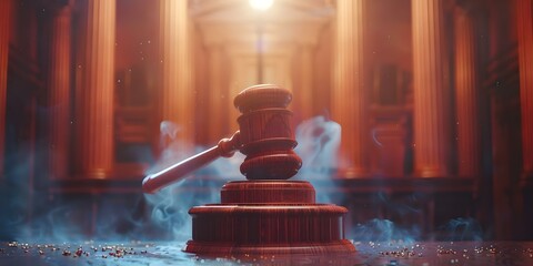 A 3D image of a wooden judges gavel symbolizing law and justice in a courtroom setting. Concept Law, Justice, Courtroom, Gavel, 3D Image - obrazy, fototapety, plakaty