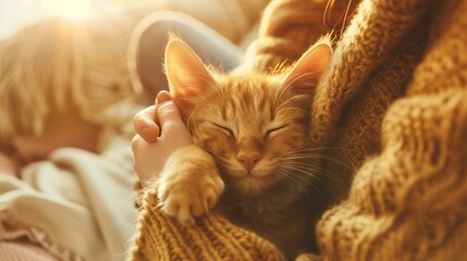 Bañado en la luz dorada de una tarde perezosa, un gato satisfecho disfruta del suave toque de una mano humana, sus ronroneos una melodía tranquilizadora contra el suave zumbido de un día en reposo. - obrazy, fototapety, plakaty