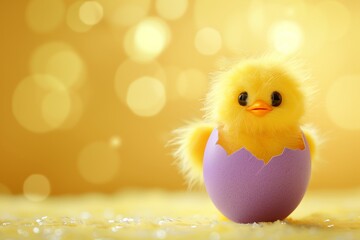 Un adorable polluelo emerge de un huevo pastel, su pelusa brillante con rocío en el cálido resplandor de la mañana de Pascua, simbolizando nuevos comienzos y alegría.