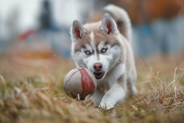 Un husky con ojos azules penetrantes se concentra en su objetivo, cada músculo tenso con anticipación, mientras maniobra expertamente un balón de fútbol a través del pasto otoñal. - obrazy, fototapety, plakaty