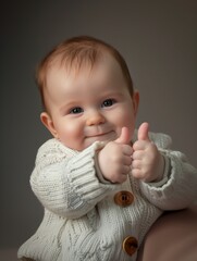 Un bebé querubín ofrece un conmovedor pulgar hacia arriba, un gesto universal de aprobación envuelto en la alegría más pura, acentuado por un suéter tejido que susurra cuidado tierno.