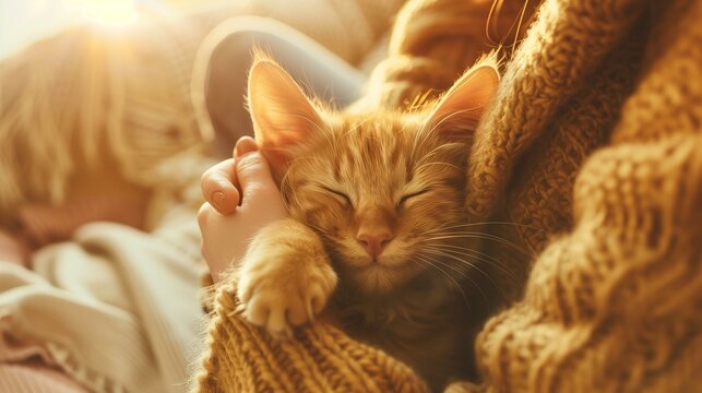 Bañado en la luz dorada de una tarde perezosa, un gato satisfecho disfruta del suave toque de una mano humana, sus ronroneos una melodía tranquilizadora contra el suave zumbido de un día en reposo.