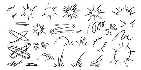Cartoon line and fire sparks effect. Vector comic doodle hand drawn exploding sparks and explosion elements. Boom and bang motion sketch.