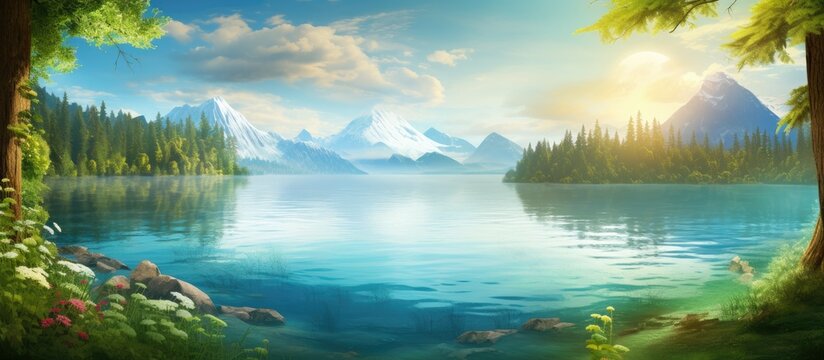 Scenic artwork depicting a calm lake reflecting the surrounding lush trees and towering mountains in the background