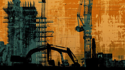 Silhouette of diggers and construction workers  with an overlay of a building site with cranes and scaffolding. Concept - construction industry, Space for text 