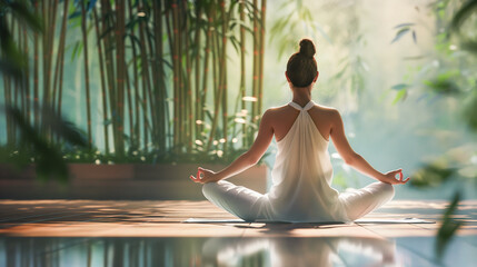 a woman in white clothes meditates in the lotus position while sitting on a wooden floor against a background of bamboo in the rays of the morning sun. Calmness and mental health concept.