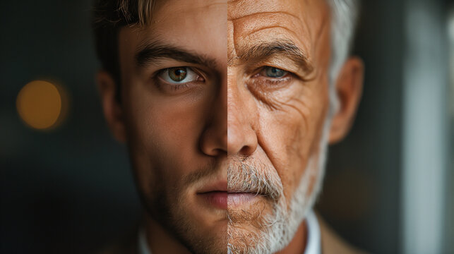 split image portrait showing the two halves of the face of the same self-confident man as a young and an older man. Concept for change, aging but also life experience and development and dignity.