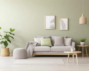 Stylish living room interior with comfortable sofa coffee table houseplants and botanical posters