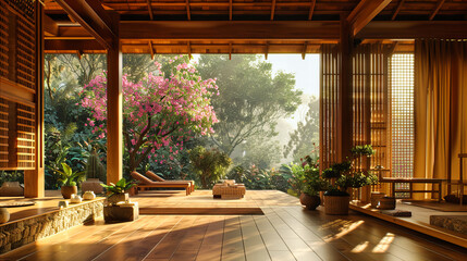 Fototapeta premium Traditional Japanese Garden with Wooden Architecture, Offering a Zen-like Atmosphere for Tranquility and Reflection