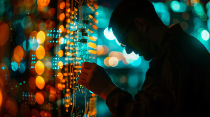 Silhouette of IT engineer working repairing interface, overlay of a printed glowing circuit board plan, Technology background, 