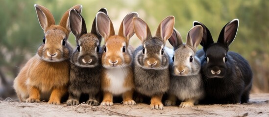 Group of four cute rabbits are lined up in a neat row on the ground, their fluffy fur blending with the dirt - obrazy, fototapety, plakaty