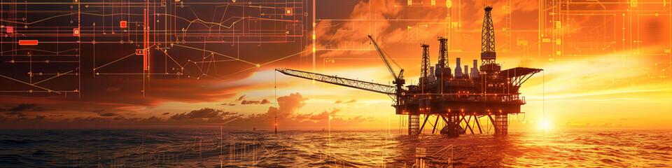 Fototapeta premium Gas platform silhouette sunset with overlay of industrial plans, numbers, and diagrams - energy, innovation, planning concept.