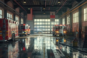 Interior of a fire station with fire trucks - obrazy, fototapety, plakaty