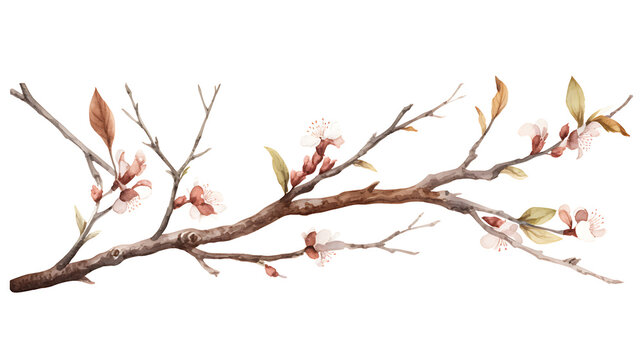 Watercolor illustration willow branches and tree branch without leaves. Brown dry straight twig. Spring floral easter elements. For holiday design