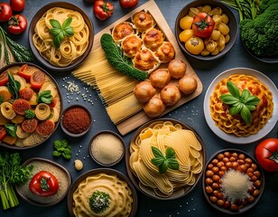 Feast of Flavors: Table Laden with Pasta, Vegetables, and Meat