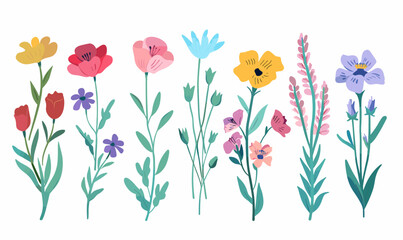 Fototapeta premium Set of flowers vector cartoon illustration in minimalism on white background, collection of flowers, group of flowers