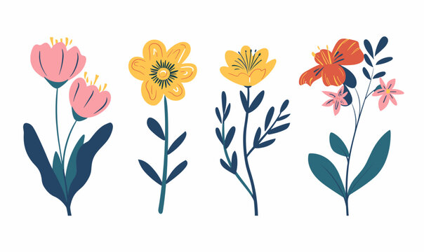 Set of flowers vector cartoon illustration in minimalism on white background, collection of flowers, group of flowers