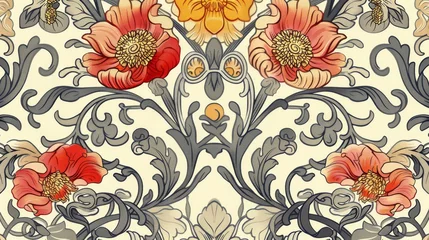 Schilderijen op glas An intricate, Art Nouveau-inspired floral pattern, with flowing lines and vibrant colors on an elegant ivory background, ornate design and optimistic spirit created with Generative AI Technology © Sentoriak