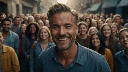 Fototapeta premium A man smiling at the camera in front of a large group of people.