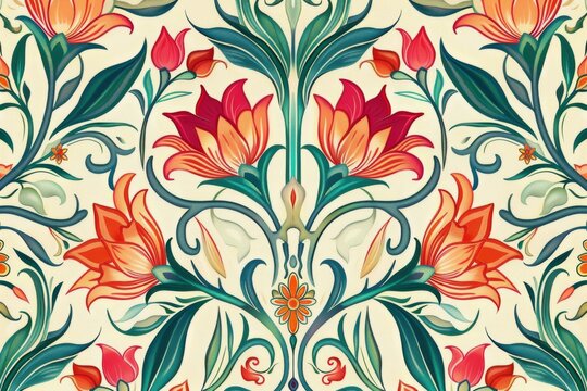 An intricate, Art Nouveau-inspired floral pattern, with flowing lines and vibrant colors on an elegant ivory background, ornate design and optimistic spirit created with Generative AI Technology