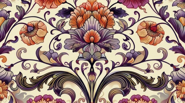 An intricate, Art Nouveau-inspired floral pattern, with flowing lines and vibrant colors on an elegant ivory background, ornate design and optimistic spirit created with Generative AI Technology