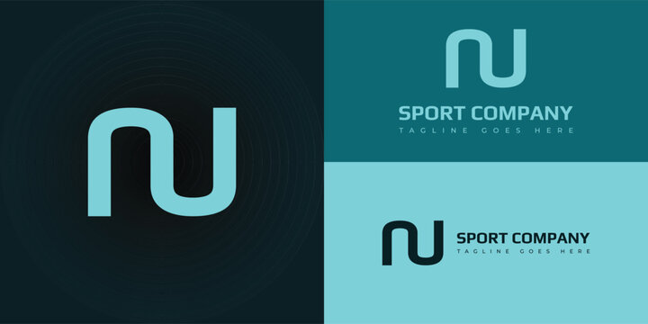 Abstract initial letter NU or UN logo in soft blue color isolated on multiple background colors. The logo is suitable for sports brand audiences business company icon logo design inspiration template