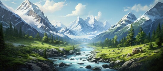 Scenic painting capturing a tranquil mountain stream meandering through a lush valley, framed by a majestic distant mountain range