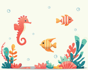 Fototapeta na wymiar Different sea fish and sea Horse in the water with seaweed. Aquarium fish. Flat style. Vector illustration