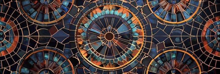 Fototapeta na wymiar An intricate mosaic tile pattern, inspired by the decorative floors and walls of the palaces and temples, featuring geometric shapes and vibrant colors created with Generative AI Technology
