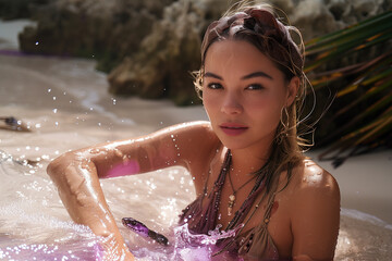 Rusian-oriental blond girl in the ocean, next to the rocks