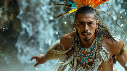Mayan warrior in the waterfall 
