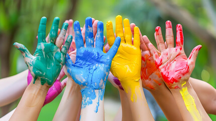 Colorful Painted Hands of Playful Children in a Park - obrazy, fototapety, plakaty