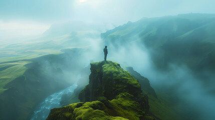 Mountaineer on the top of a peak observing the mountains around him, cloudy weather