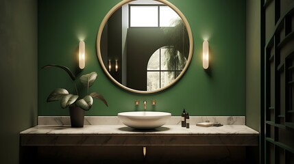 an AI image that zooms in on the details of a basin with a mirror, positioned in a minimalist setting featuring a green curved wall and earthy elements, all illuminated by soft, natural lighting