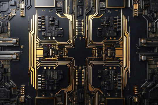Placa Base de Alta Tecnolog&iacute;a con Circuitos Dorados y Negros para Computadoras.