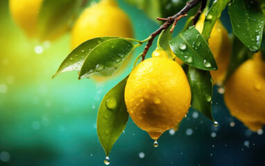Fresh lemons hanging from a tree branch, covered in water droplets on green background. Close-up image of a yellow lemons