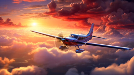 Small airplane flying over the clouds in the sky at sunset. Travel background and wide aerial banner. Generative AI