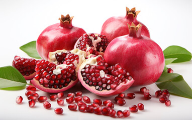 Obraz na płótnie Canvas Fresh ripe pomegranates with leaves and pieces of pomegranate with delicious seeds isolated on a white background. High quality for advertising and promotions