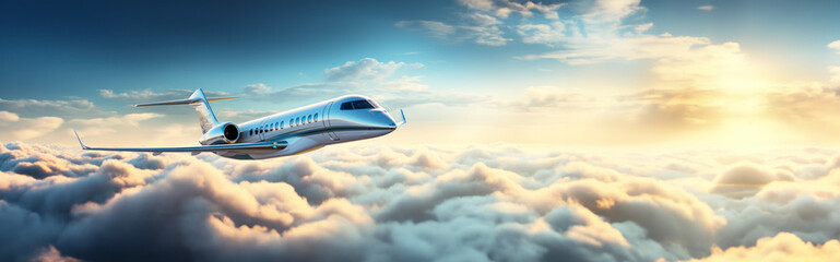 Luxury design private jet flying over the clouds in the sky at sunrise. Travel background and wide aerial banner. Generative AI